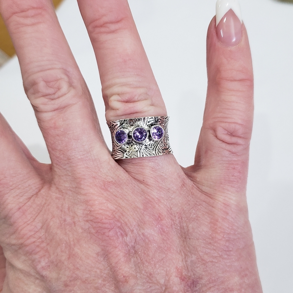 Amethyst ring, 925 silver amethyst ring, silver amethyst wide band ring - Picture 4 of 12